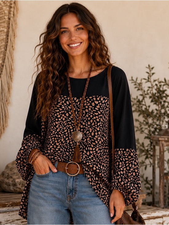 Tops - Adora Black & Taupe Animal Print Boho Blouse Size Large